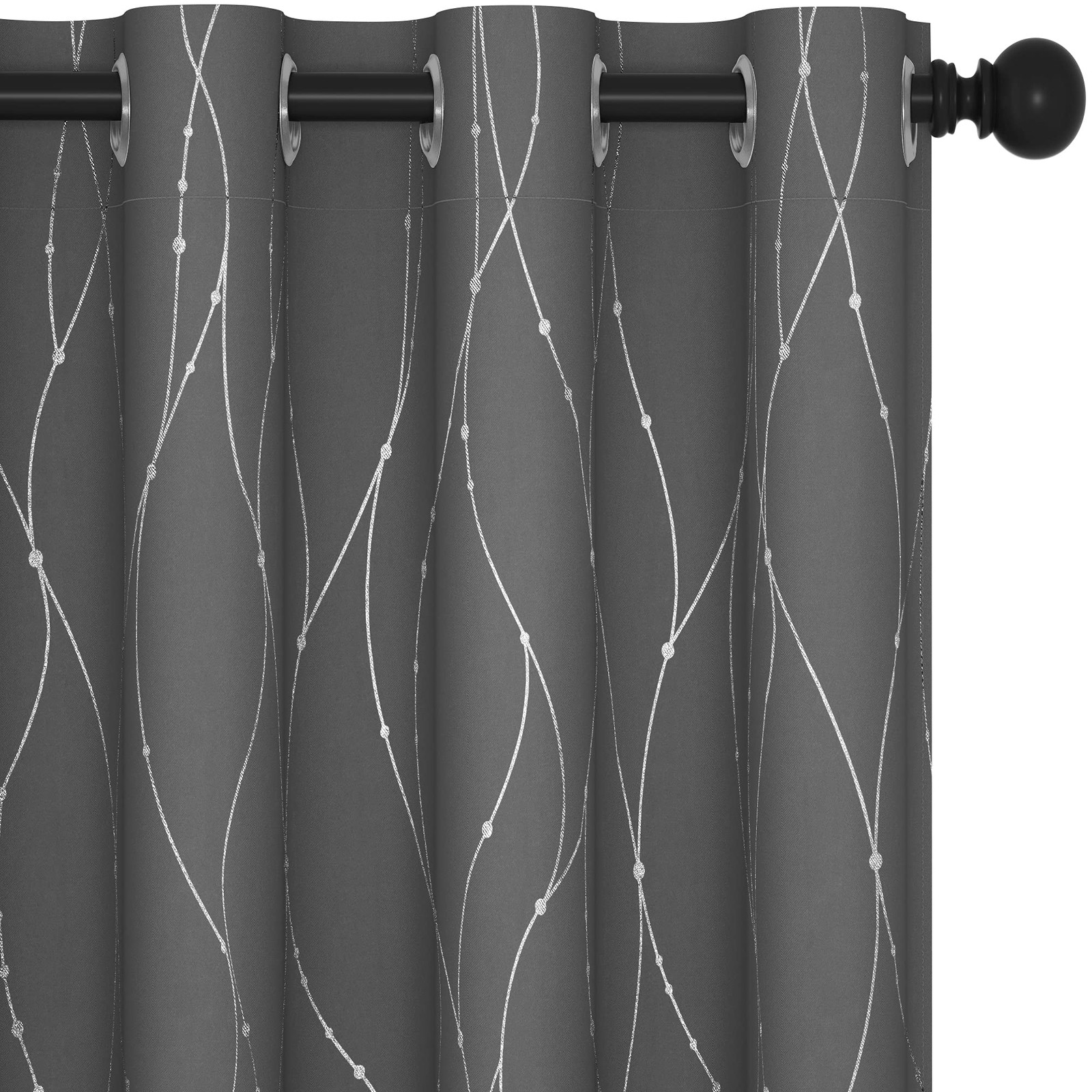 Blackout Curtains, Light Grey Thermal Grommet Drapes, Silver Wave Dots Foil P…