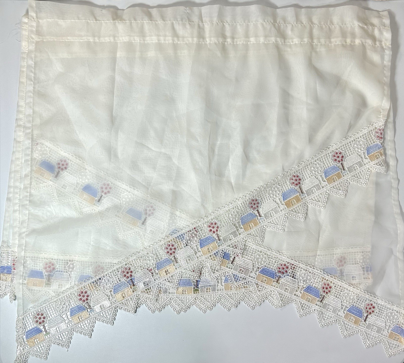 Vintage 90’s Embroidered Curtain Window Valance Panels House Trees Sheer 4 Piece