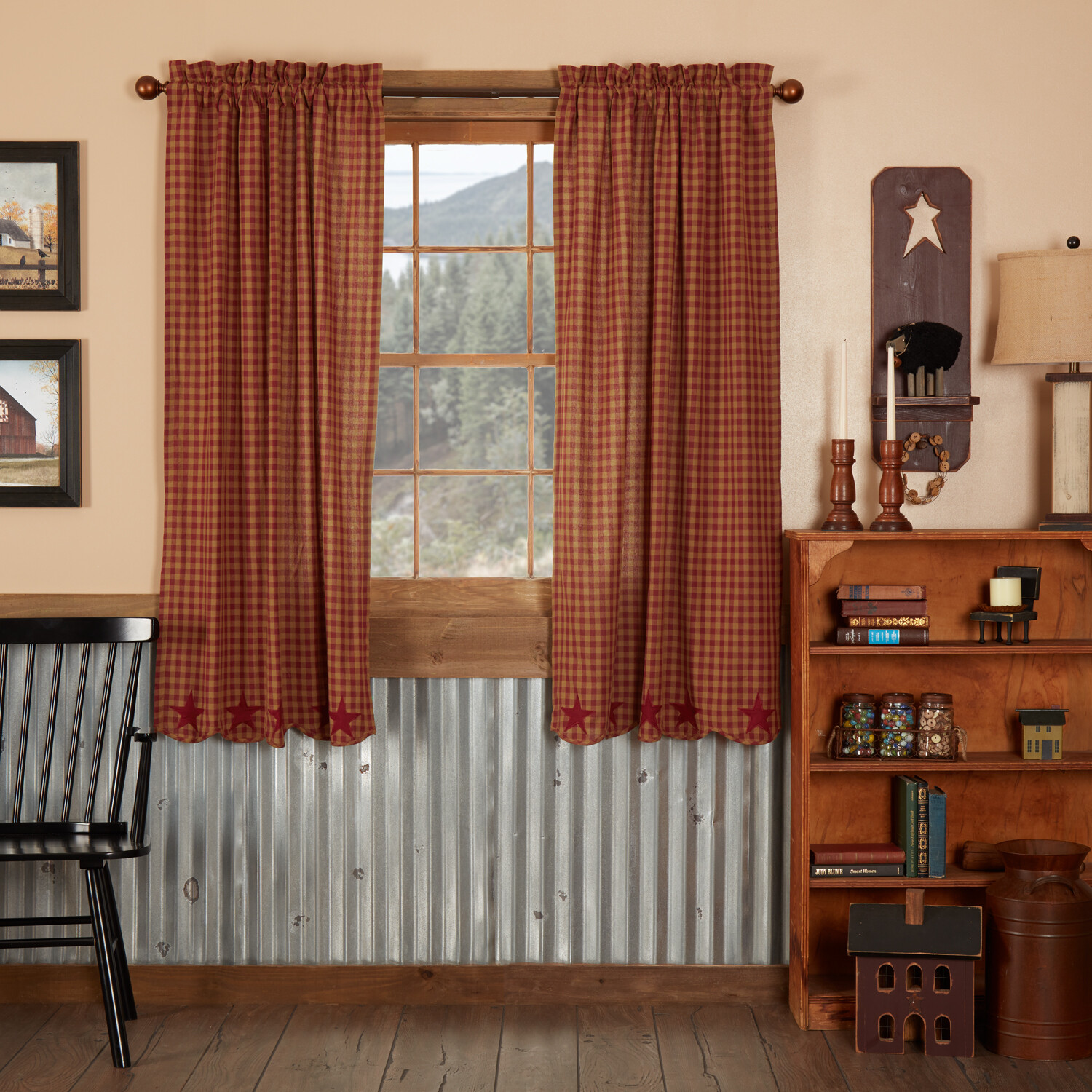 Burgundy Star Appliqued Red & Khaki Tan Checked Window Curtains Lined 63″ L