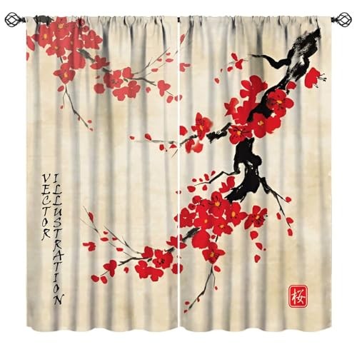 Oriental Cherry Branch Curtains, 20.5″W x 45″L (Pack of 2) Cherry Blossom-9