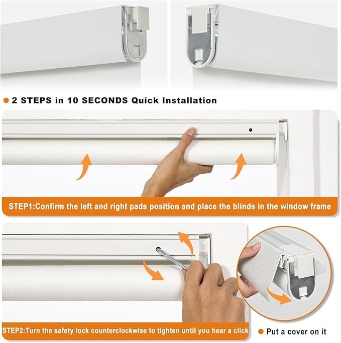 No Drill Light Filtering Roller Shades Cordless Linen Fabric White Window Blinds