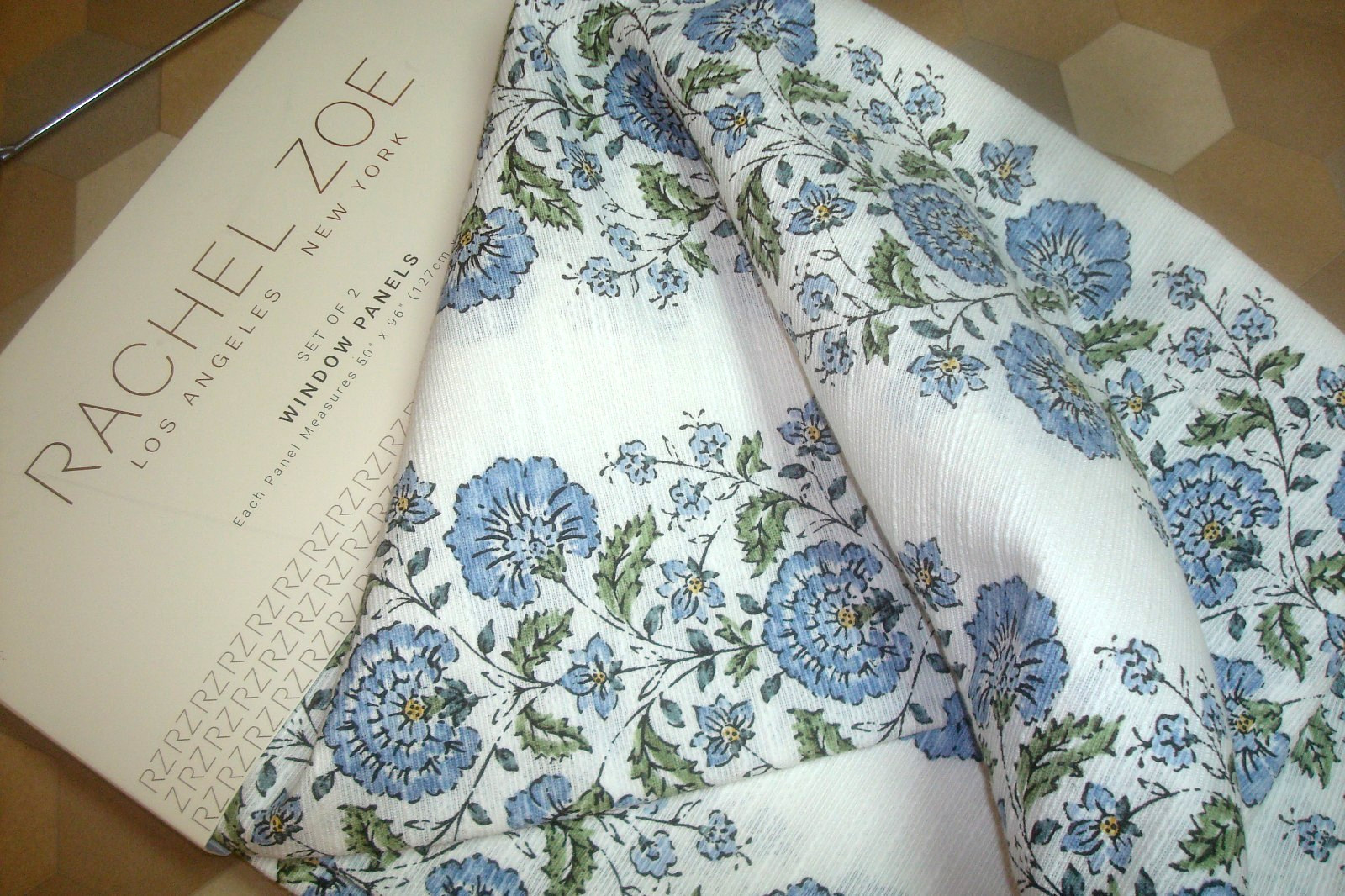 NWT Rachel Zoe RZ 2 pc Window Curtain Panels Floral Blue Cotton 59 X 96″ lg