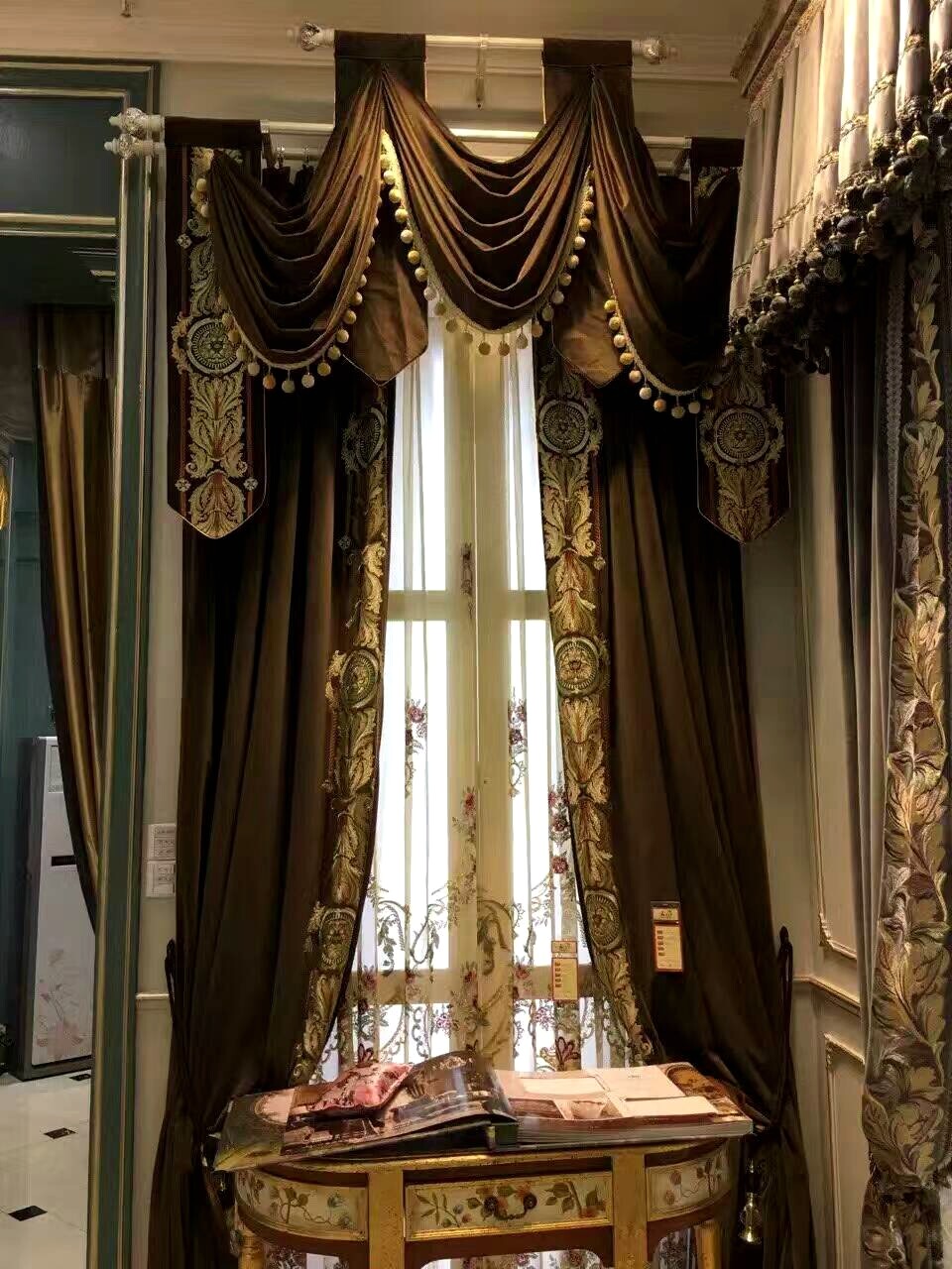 Custom Luxury flannelette velvet coffee cloth valance curtain tulle drape C1905