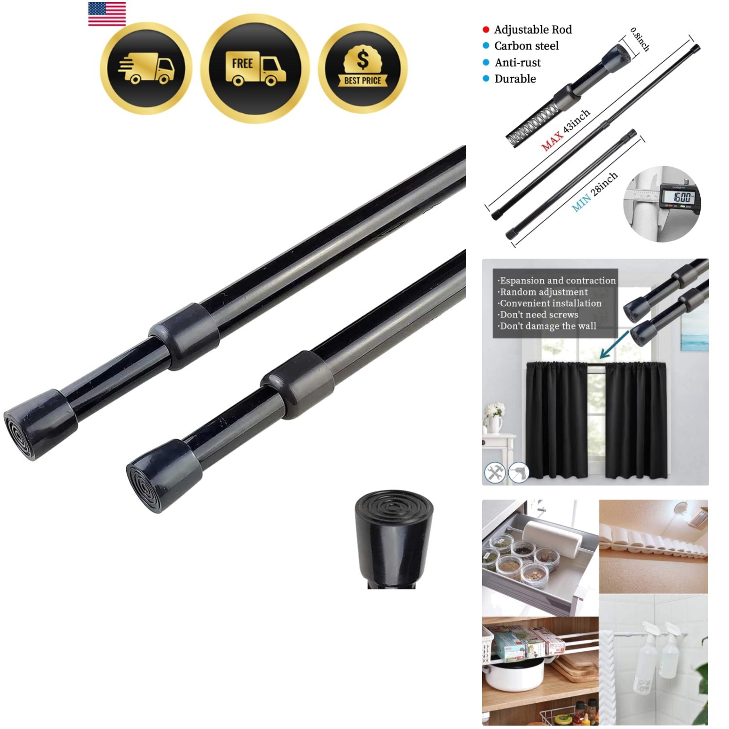 2pcs Spring Tension Curtain Rod，28-43 Inches Adjustable Expandable Pressure B…