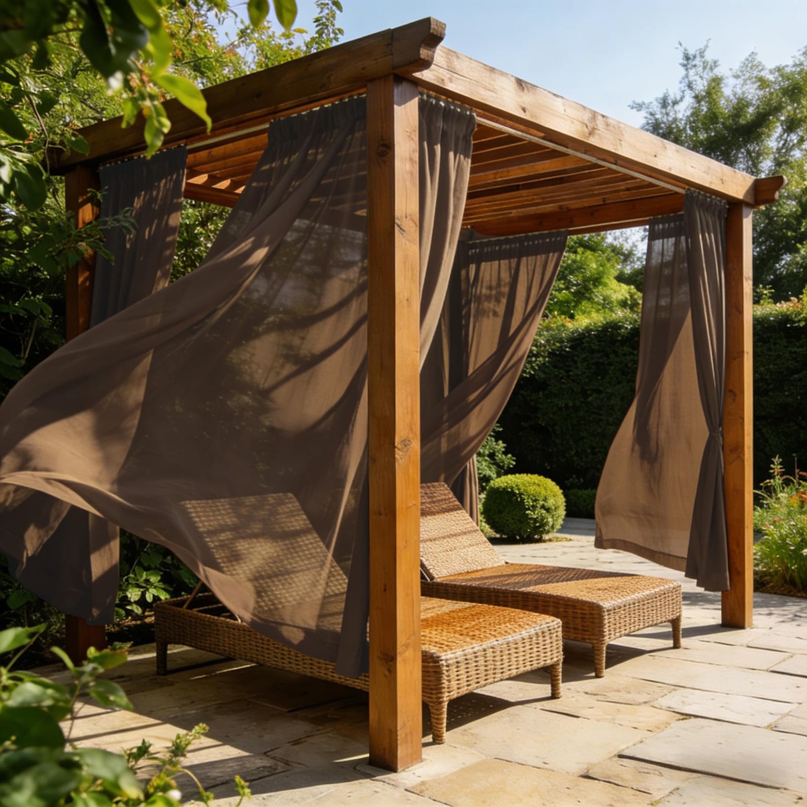 Brown Waterproof Sheer Patio Curtains 52×84, 2-Panels Rod Pocket for Outdoors