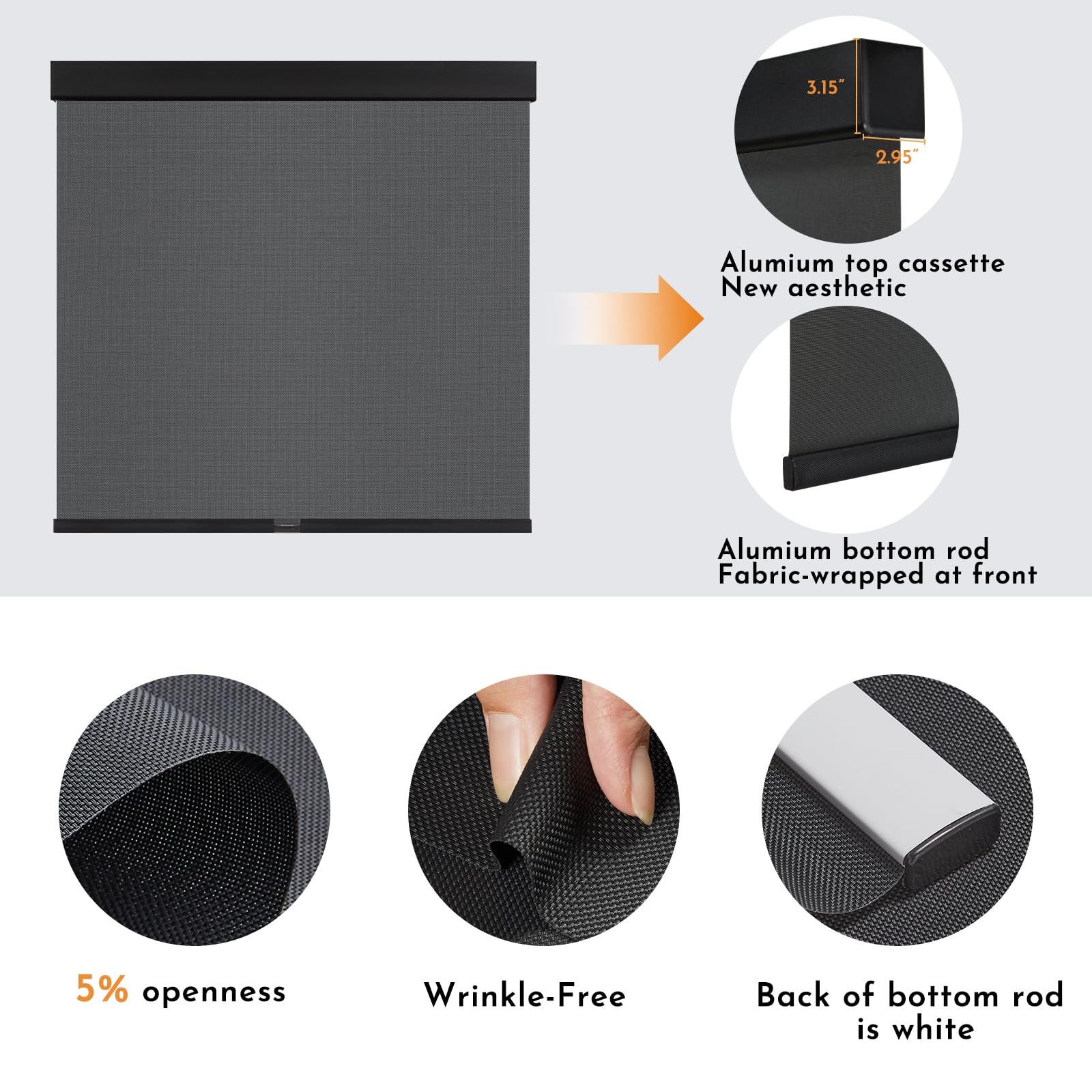 Persilux Cordless Solar Roller Shade Black 27″W x 72″H 5% Openness UV Protection