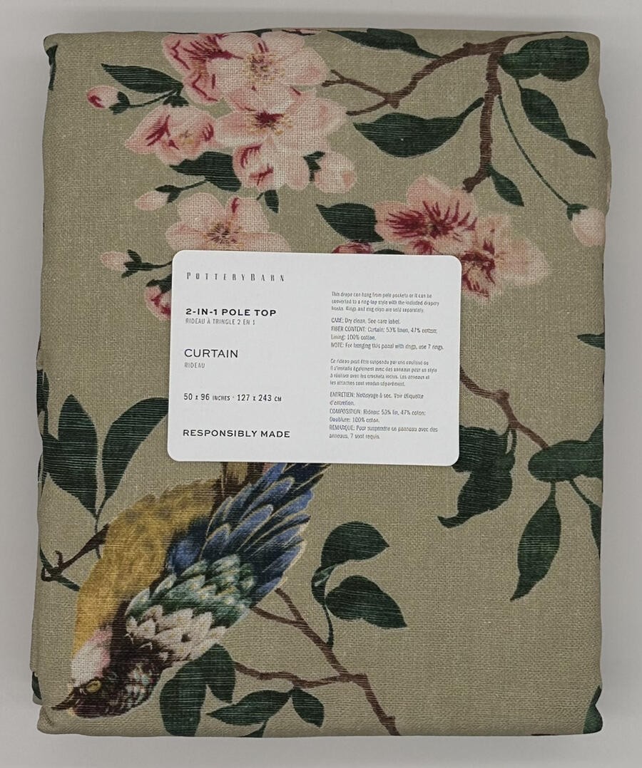 Pottery Barn Nola Songbird Cotton Lined Drape Curtain (1) ~ 50 x 96 Green Multi