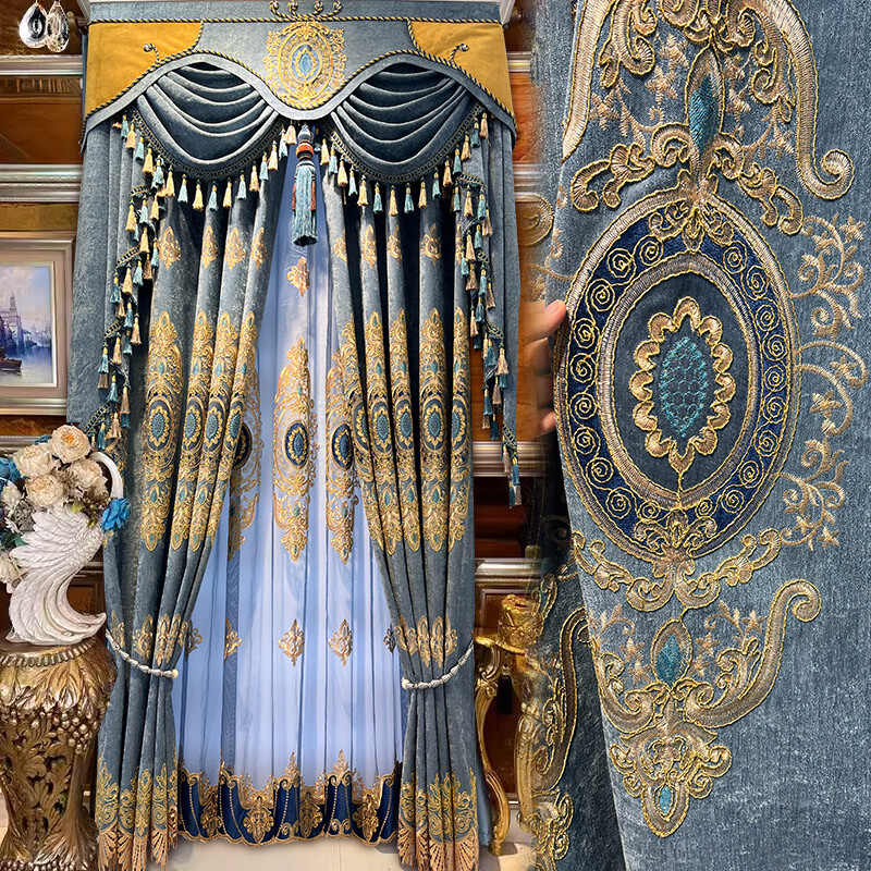 Custom European embroidery gray blue Chenille cloth curtain tulle valance C1592