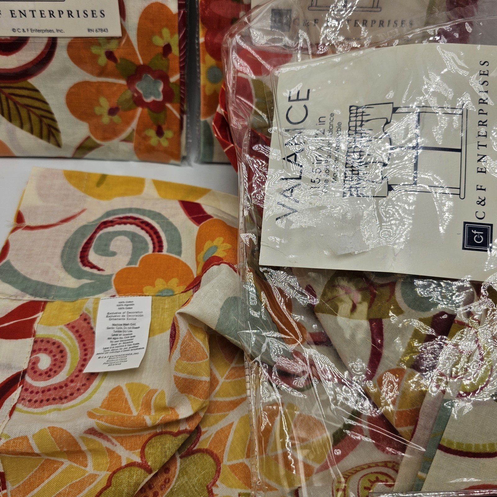 Giselle Valance Set 3 Orange Yellow Floral Botanical Flowers Blue Cotton Retro