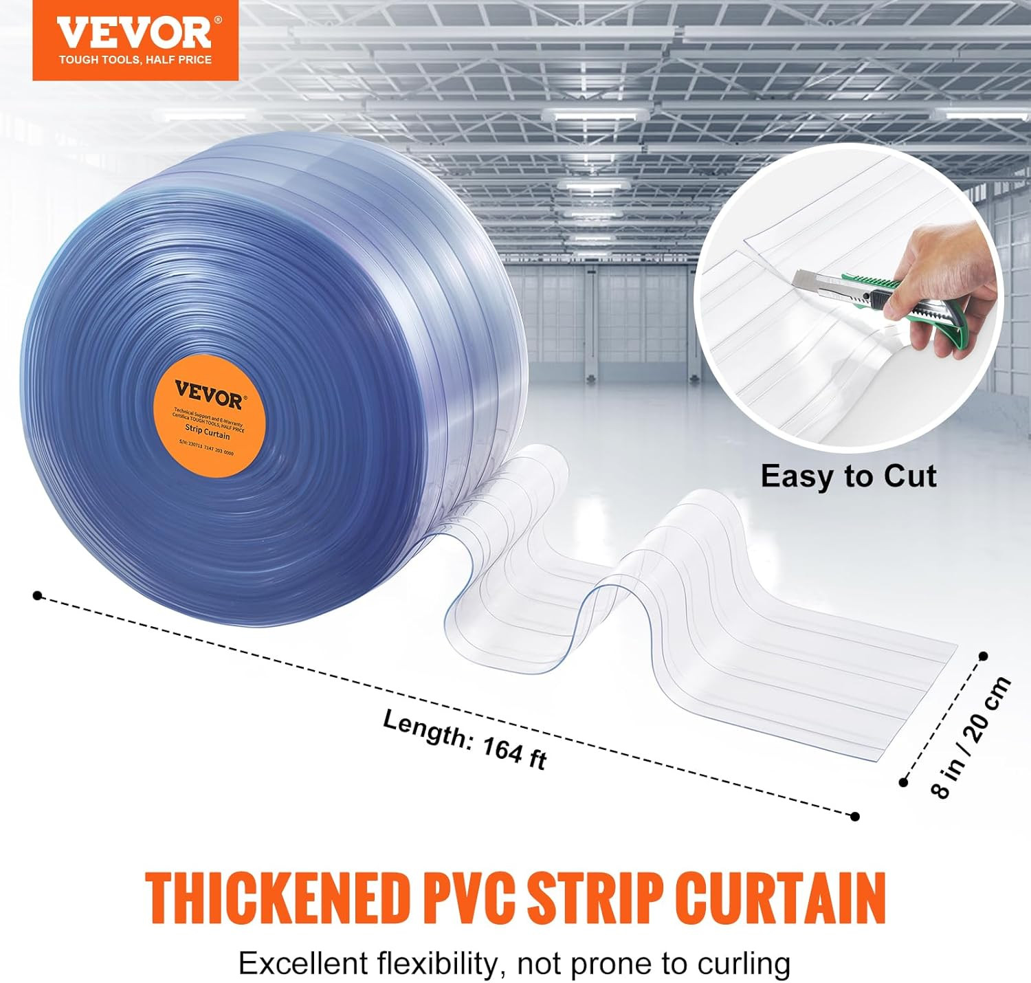 Strip Curtain, 164′ Length X 8″ Width X 0.08″ Thickness, Clear Ribbed PVC Curtai