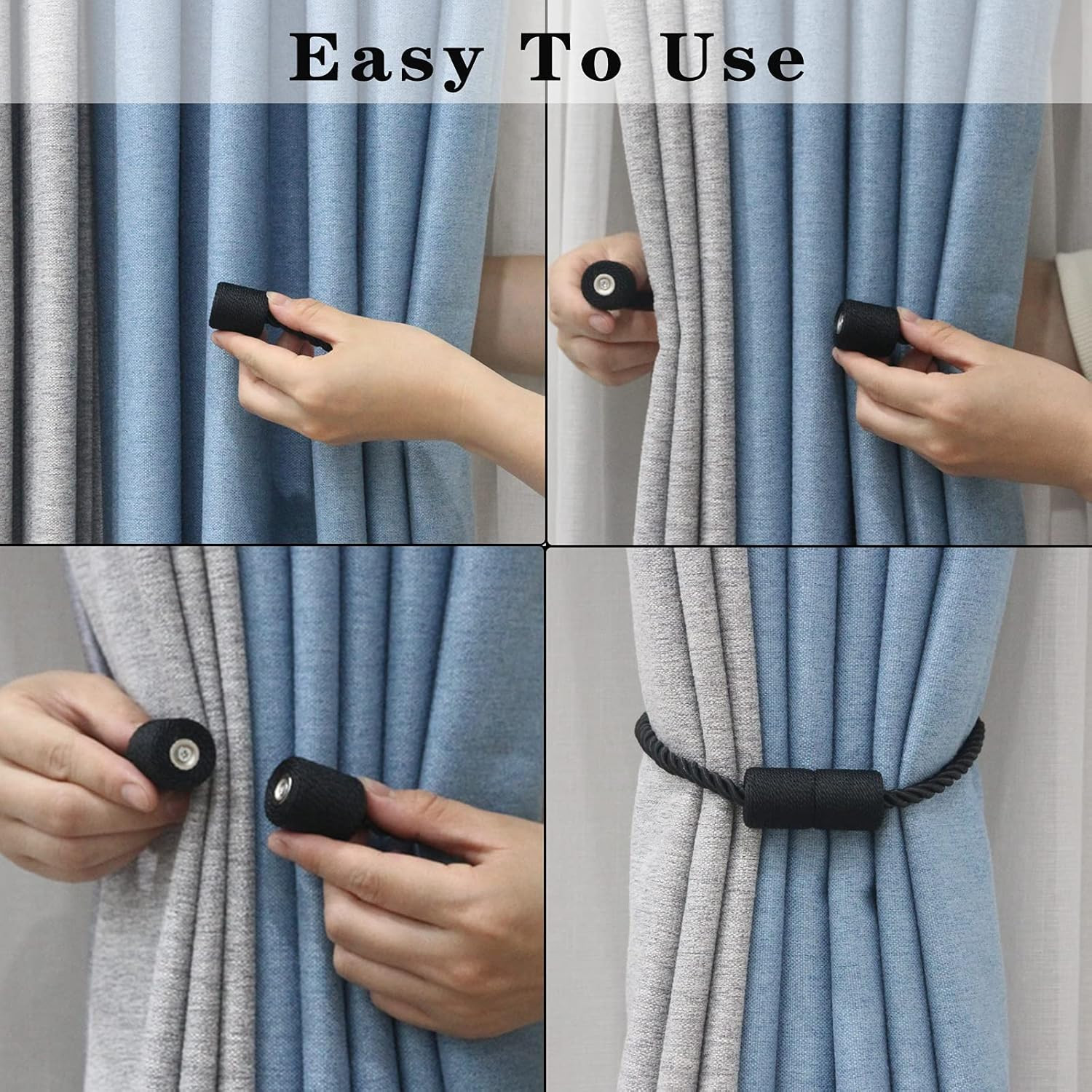 Magnetic Curtain Tiebacks Black Rope Holdbacks Decorative Drapes Two Pack 17.5in