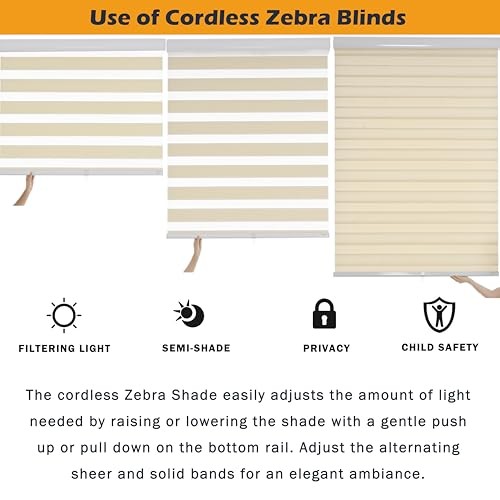 Cordless Zebra Blinds for Indoor Windows Free-Stop 23″W x 72″H Cordless Cream