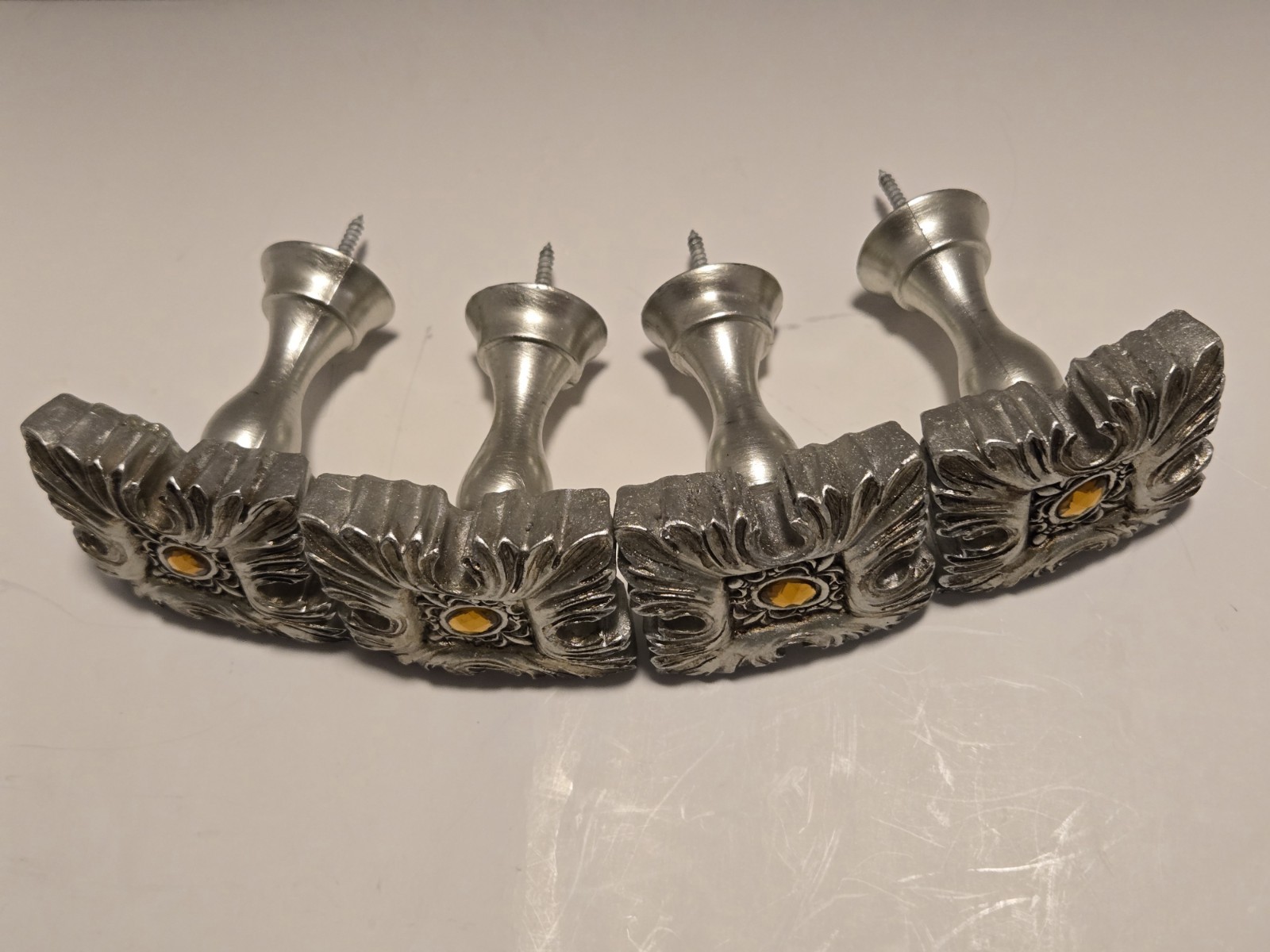 Curtain Tie Back Holder Antiqued Silver Toned- Amber Gem Scroll Finial Set Of 4