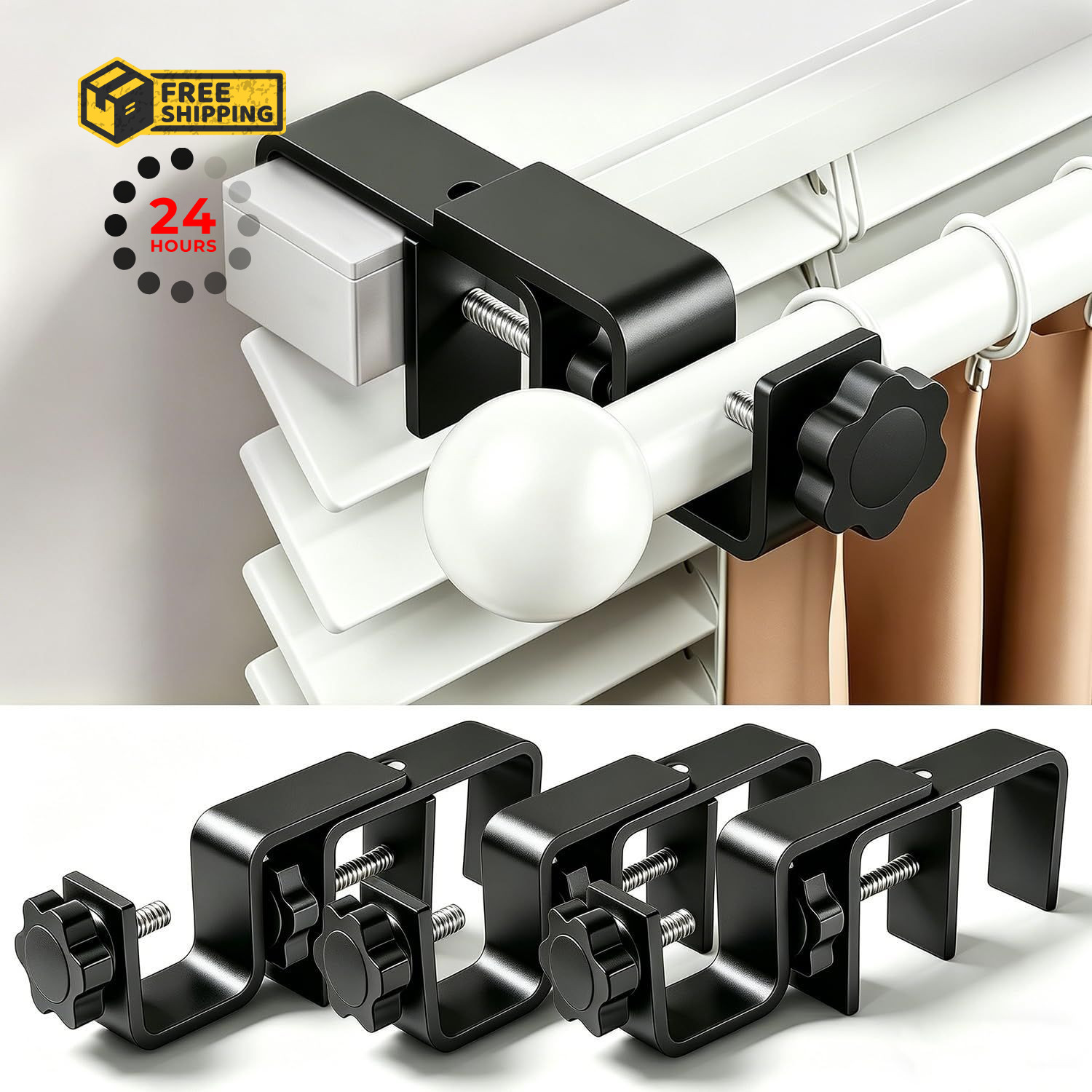 Mimiio No Drill Curtain Rod Brackets for Outside-Mount Black-3PCS, Black