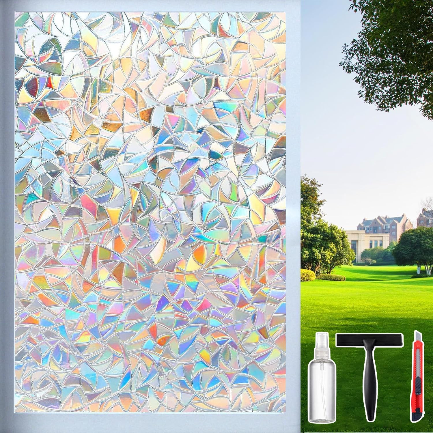 Dwersty Rainbow Window Privacy Film with Cutting Reference Line, 3D Decals Stain