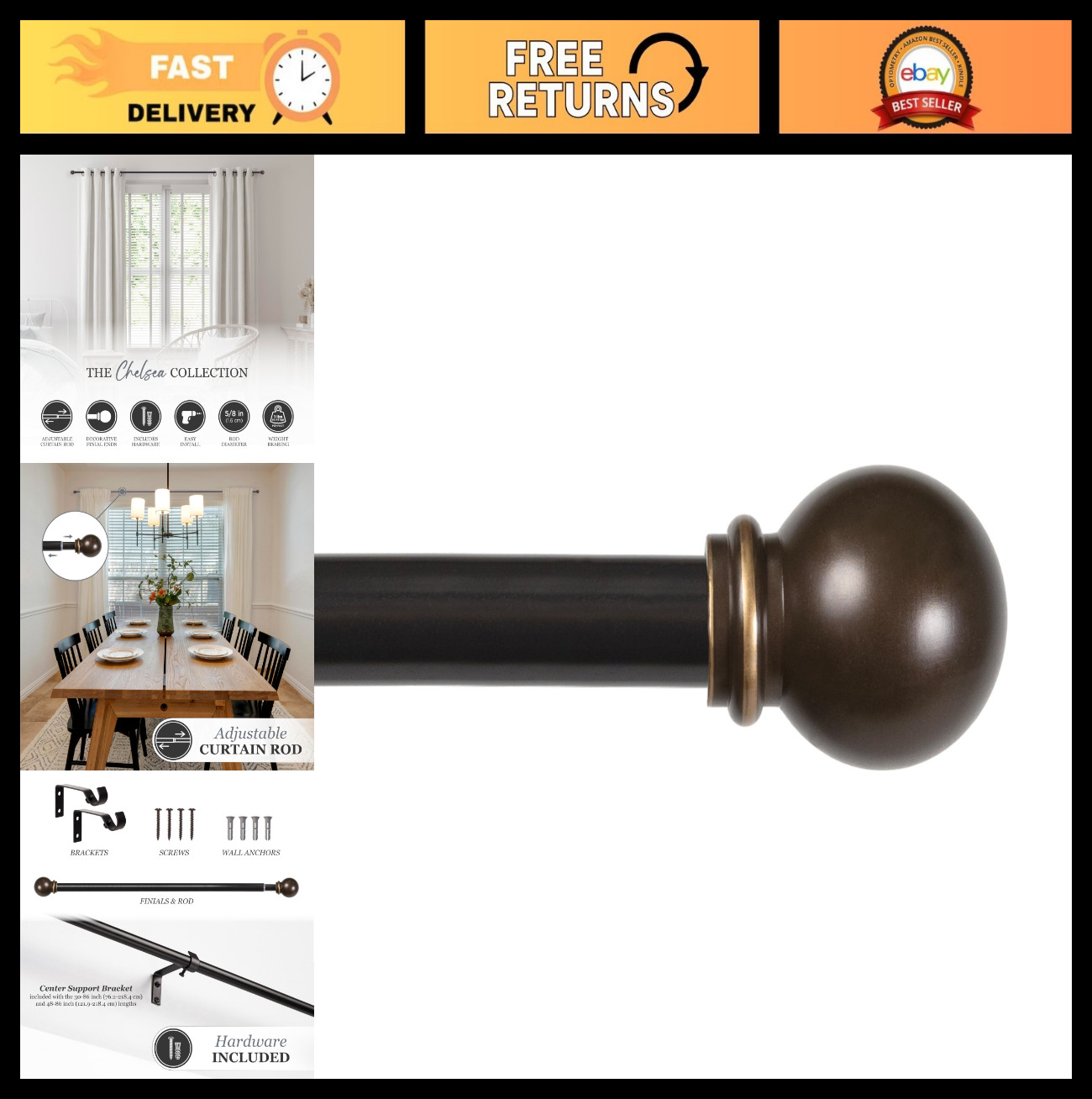 Durable 5/8″ Steel Curtain Rod with Decorative Ball Ends, Adjustable 48–86″, Oil