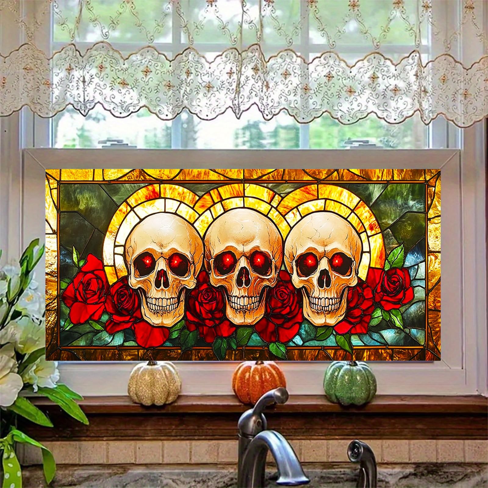 Gothic Skull Window Privacy Film 39.3×17.7 Inch Halloween Rose Skull Windows …