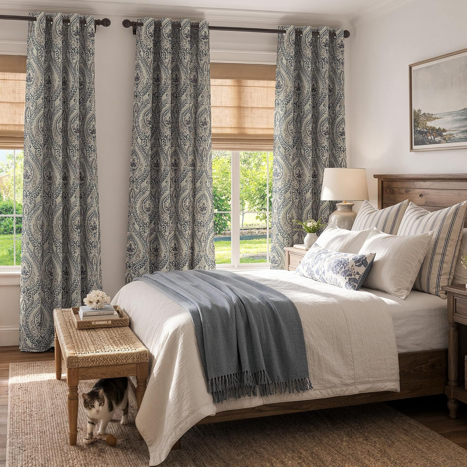 Linen Textured Curtains for Living Room Darkening 108 Inches Long, Medallion Dra