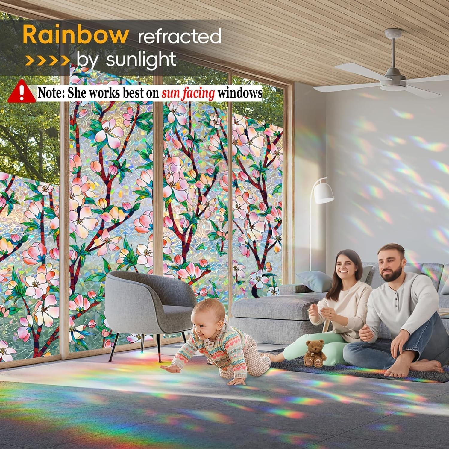 Rainbow Window Privacy Film Decorative, 3D Decals Stained Glass Clings, Stati…