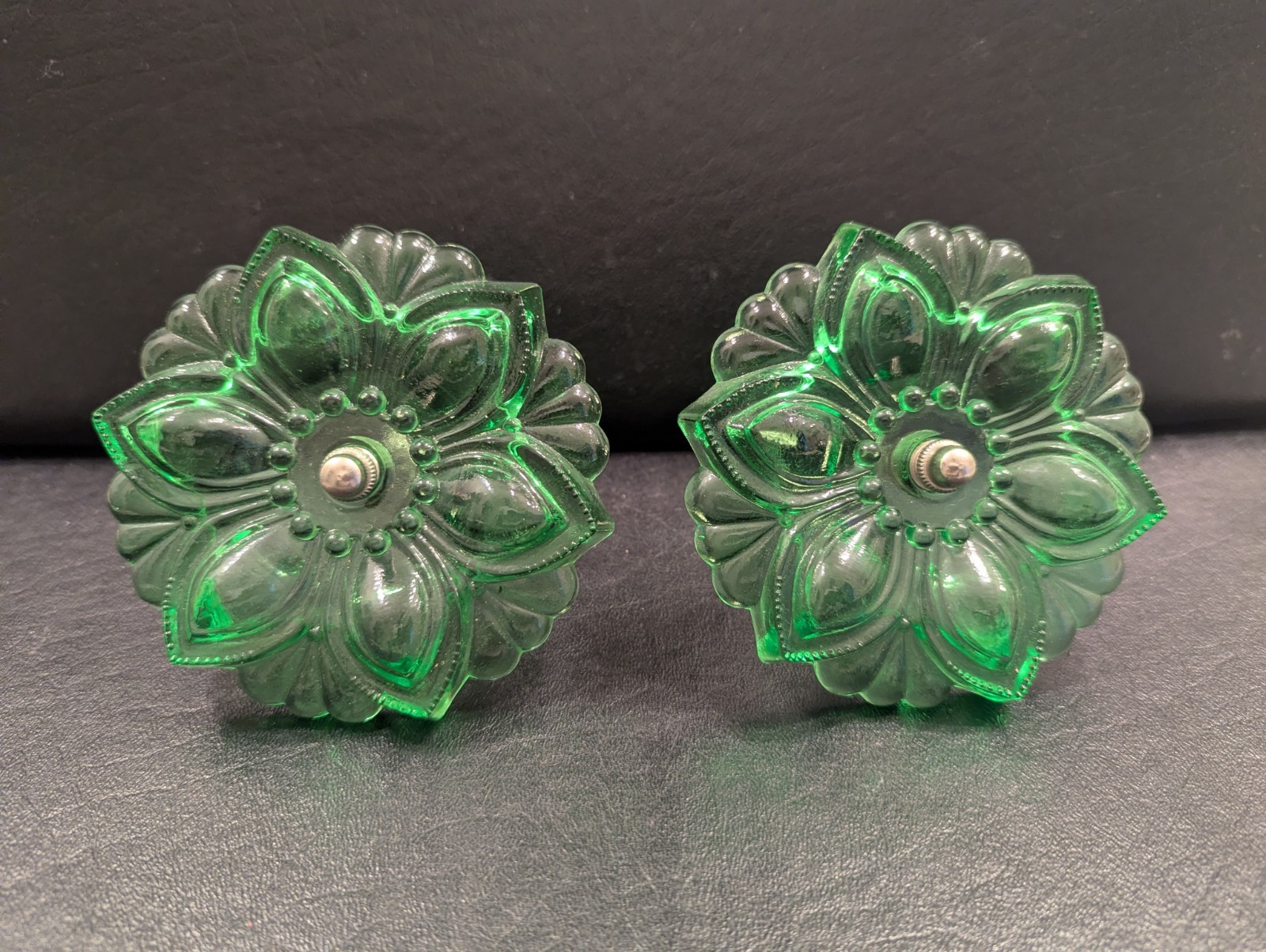Pair of 4-inch Green Pressed Glass Rosette Drapery Tie Backs With Mount Hardware