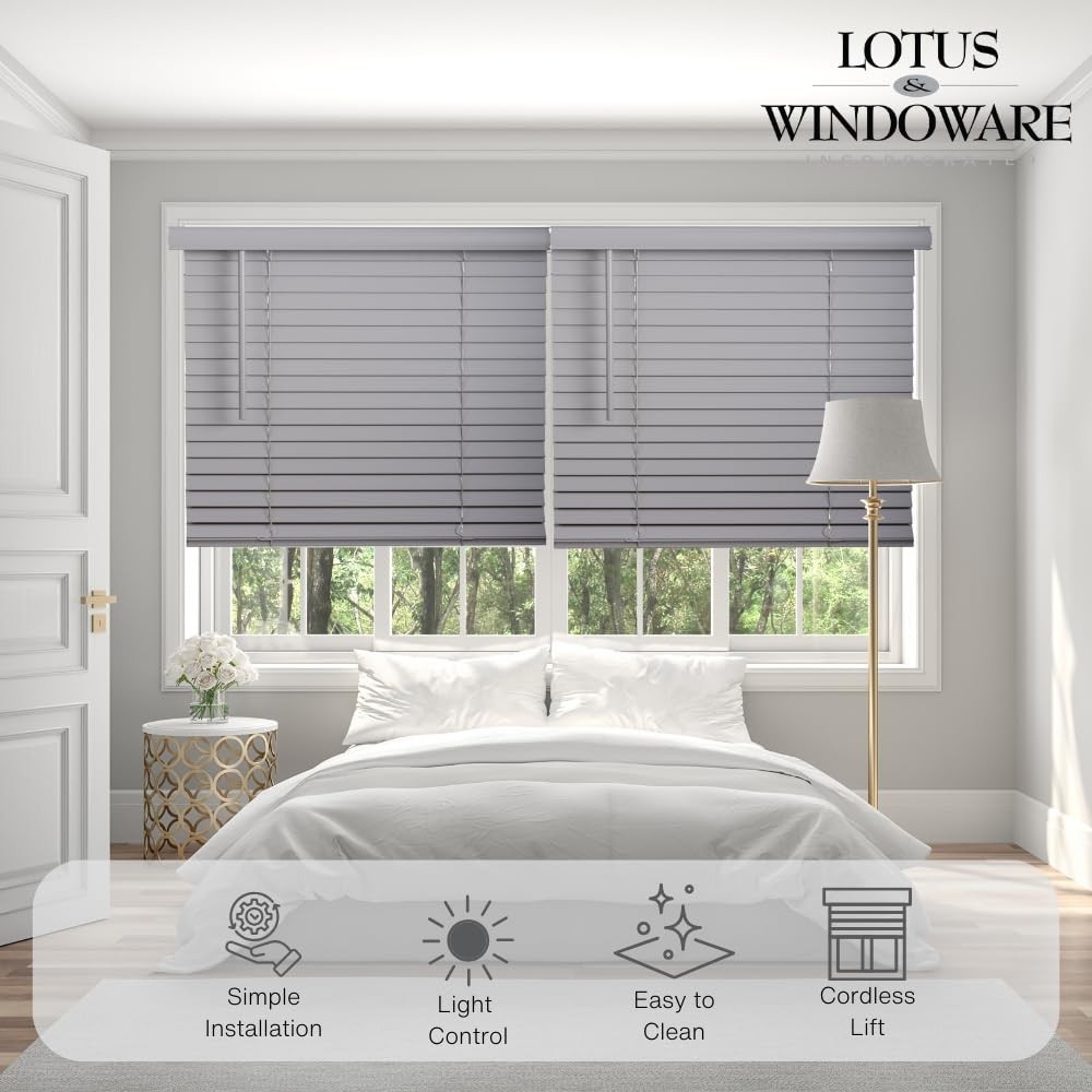 Cordless Faux Wood Blinds, 27″ Wide x 24″ Long,Smooth,Light Gray, 2 Inch Hori…
