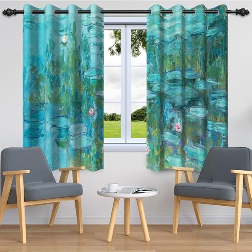 Water Lilies Blackout Curtains 63inches Long Lotus 53″W x 63″L (Pack of 2) Teal