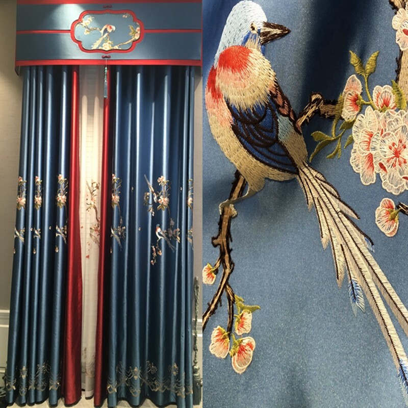 classic bird embroidery Faux silk blue cloth valance curtain tulle drape C1910