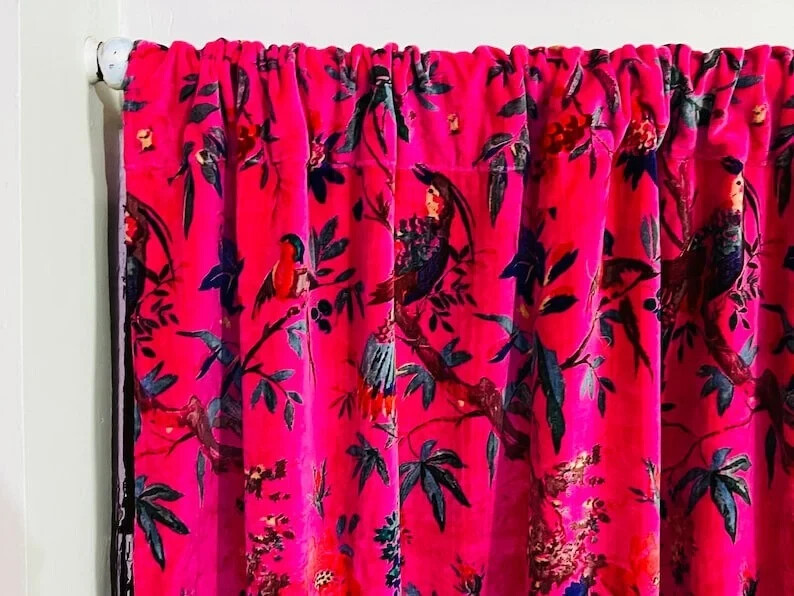 Vintage Cotton Velvet Hot Pink Bird Print Luxury Curtain, Boho Curtain Drapes