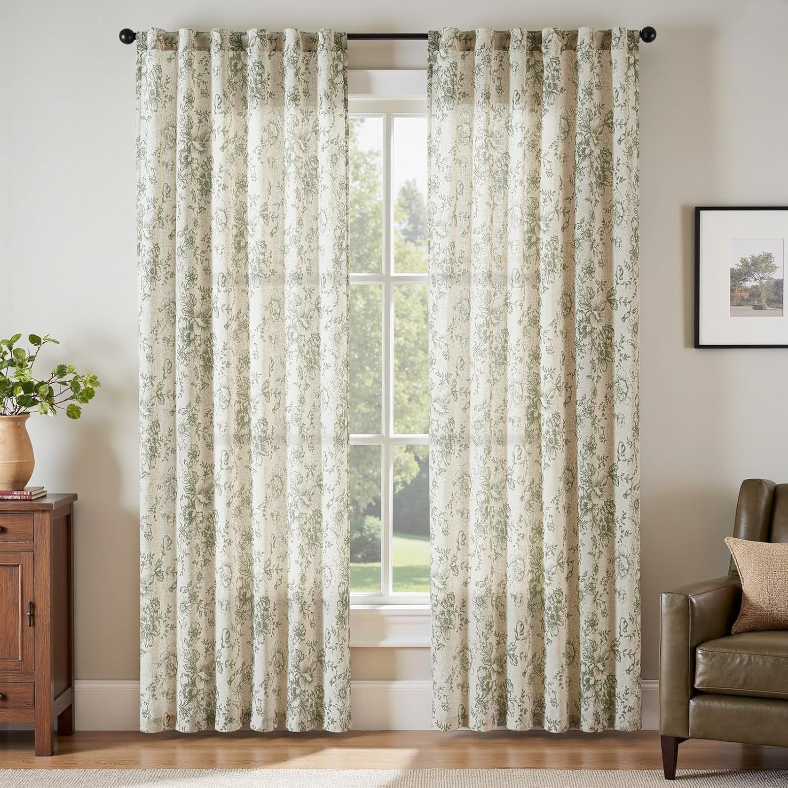 Linen Blend Floral Curtains Set 84 Inch Length Sage Green Peony Pattern 2 Panel