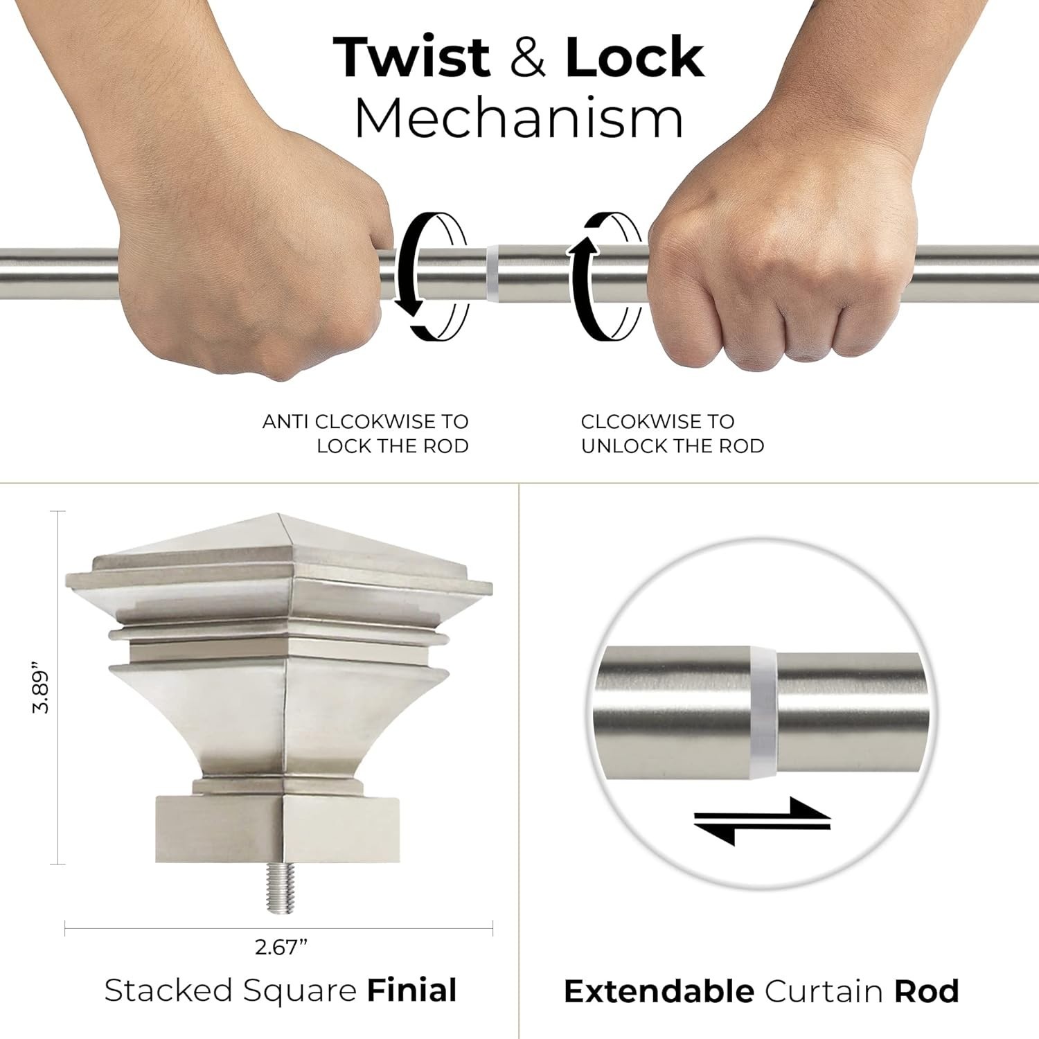 New Window Satin Silver Curtain Rod 1″ Adjust/Brackets Set 36″ to 66″ Fast Ship