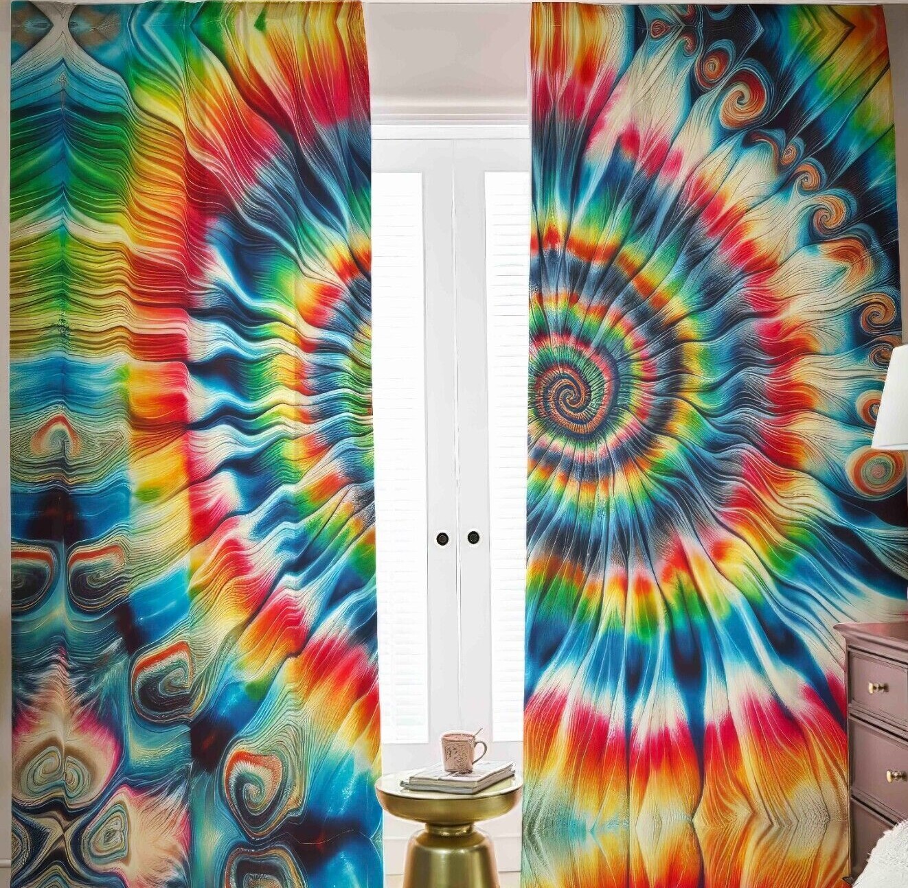 Psychedelic Tie Dye Blackout Curtains Black Out Rainbow Spiral Tied Dyed Pastels
