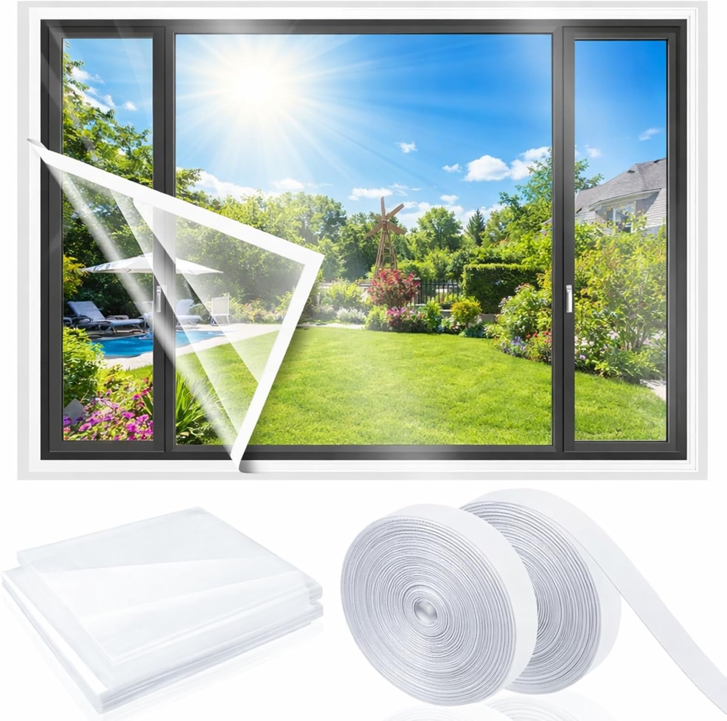 Window Insulation Kit Cuttable Transparent Film W/ Adhesive Straps Reusable