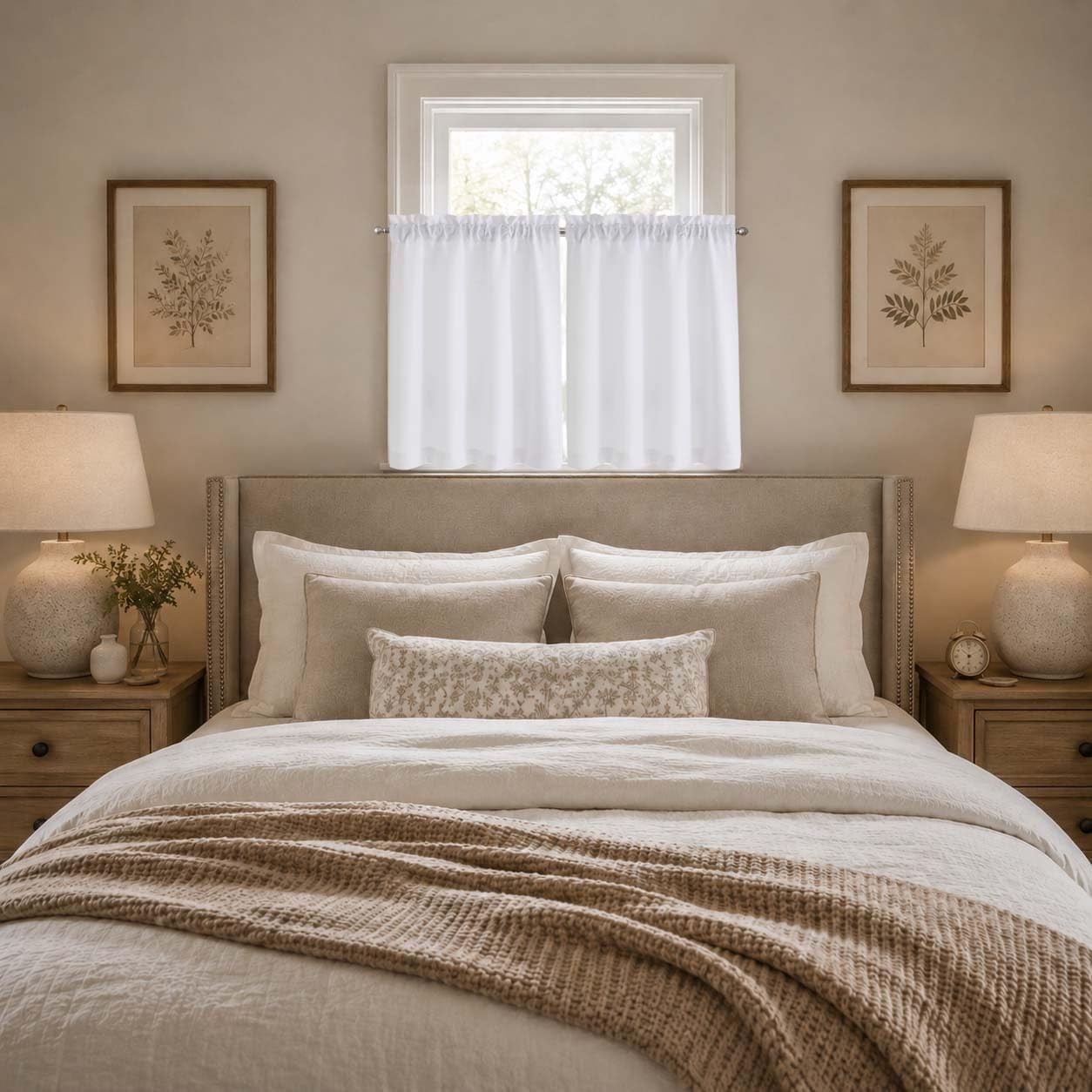 2 Panels White Kitchen Curtains 36 Inch Length Tier Curtain, Faux Linen Textu…