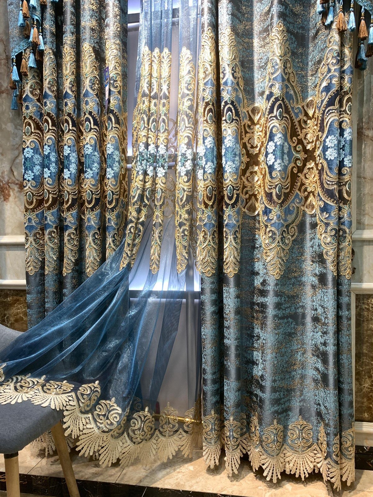 embroidery bronzing flannel European blue cloth valance curtain tulle M1927