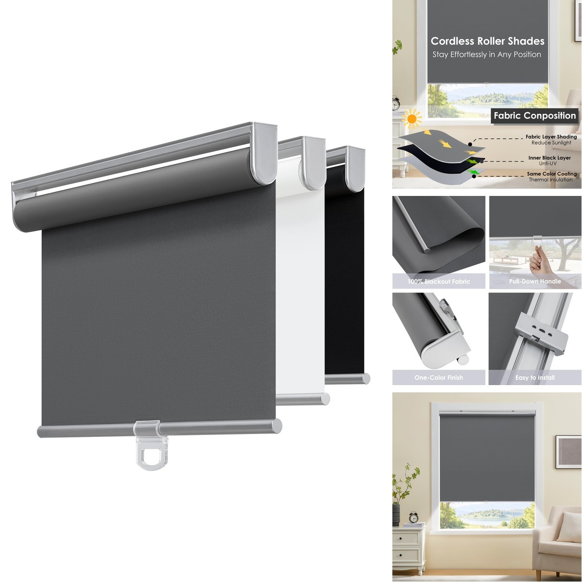 TOVALOR Cordless 100% Blackout Roller Shades Windows,UV Protection Pull Down