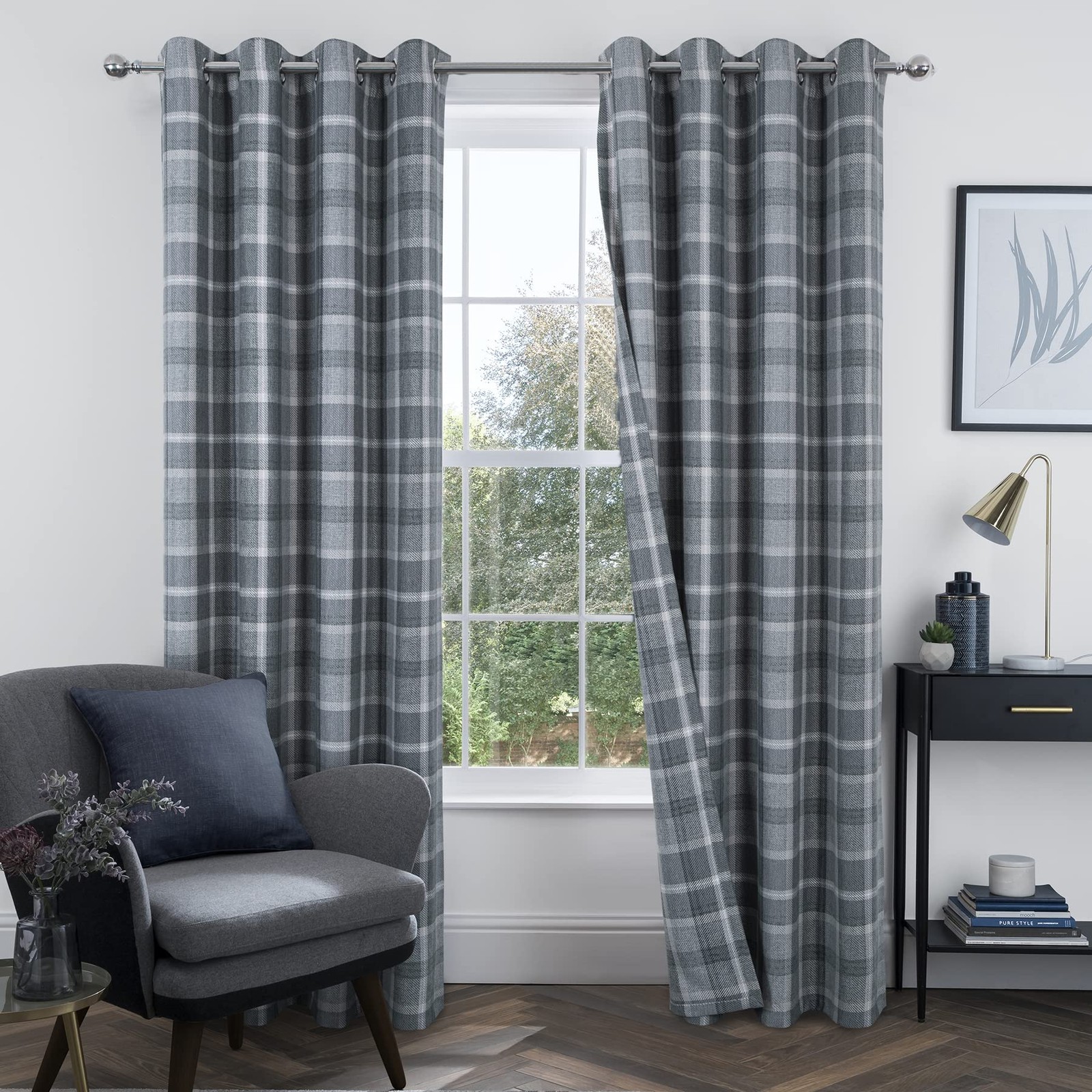 Grey Plaid Tartan Curtains Highland Woolen Look Check Modern Classic Window T…