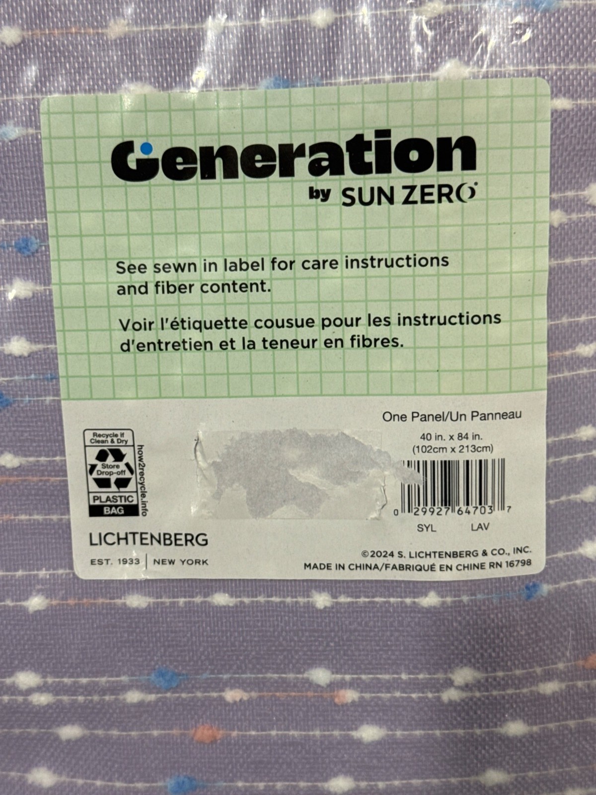 Generation By Sun Zero One Panel Curtain 40″ X 84″ Light Purple White Stripes (P