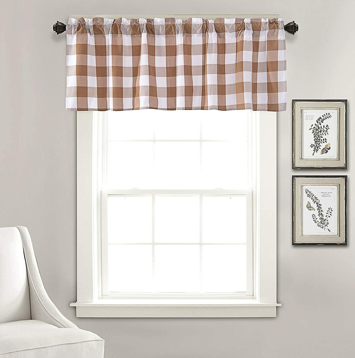 Classic Checkered Tailored Window Valance, Taupe, Modern, Size: 52″ x 18″ – NEW