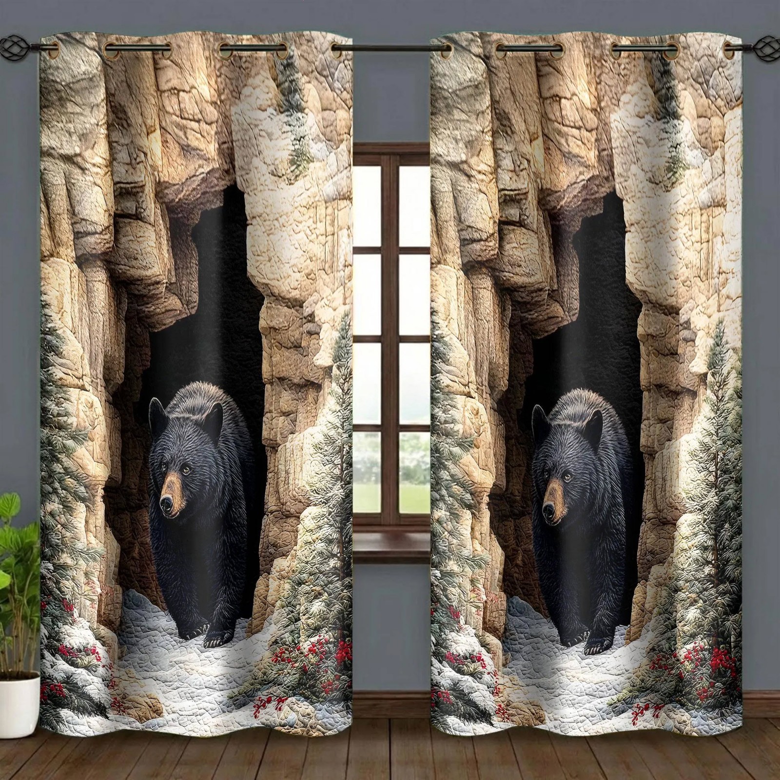 Bear Art Curtains Woodland Vintage Drapes, Cute Animal Lover Gift Natural Decor
