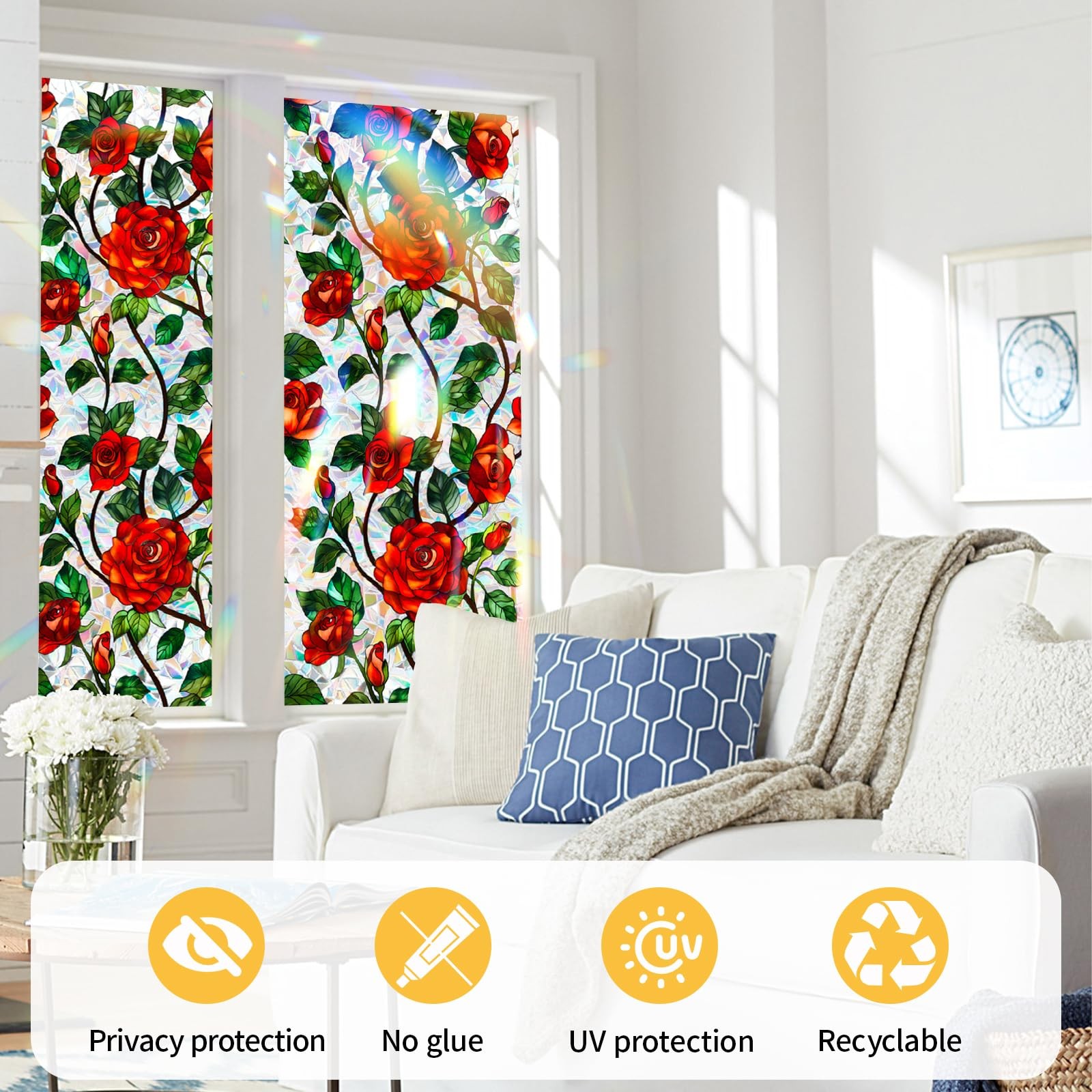 Stained Glass Windows Film,3D Red Rose Valentines Window Clings,Flower