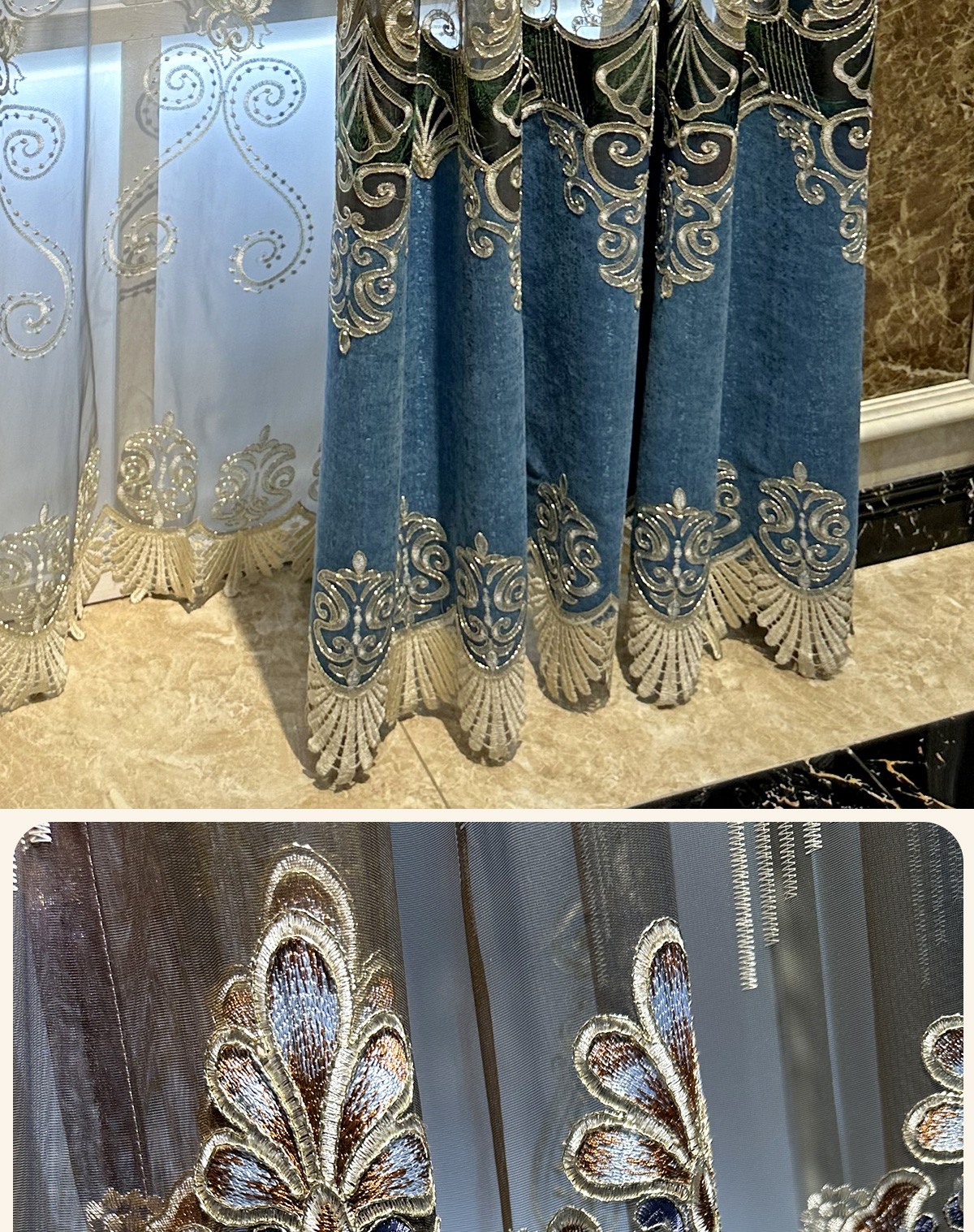 luxury European embroidery valance blue hollow-out cloth curtain tulle M1840