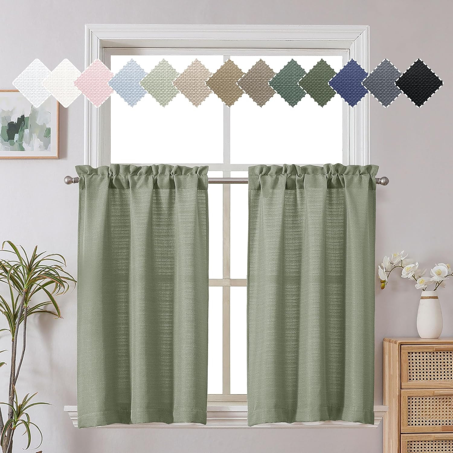 Bennet Light Green Kitchen Curtains Tier 36 Inch Length, Faux Linen Textured Sma