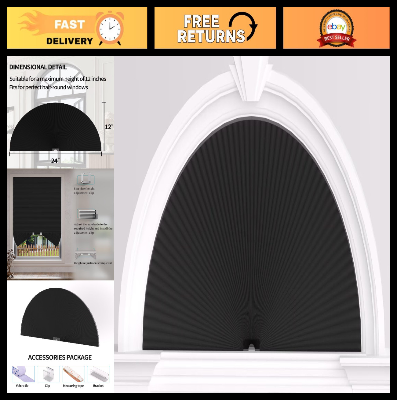 Half Circle Blackout Cellular Shades – Cordless No Drill Honeycomb Blinds 24″x12