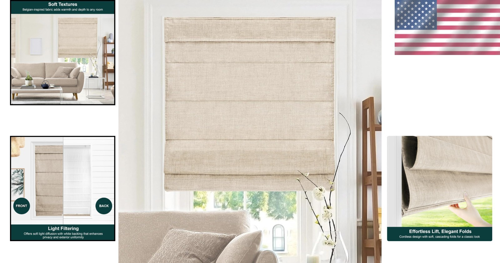 Cordless Roman Shade 34.5″ x 64″ Belgian Flax-~