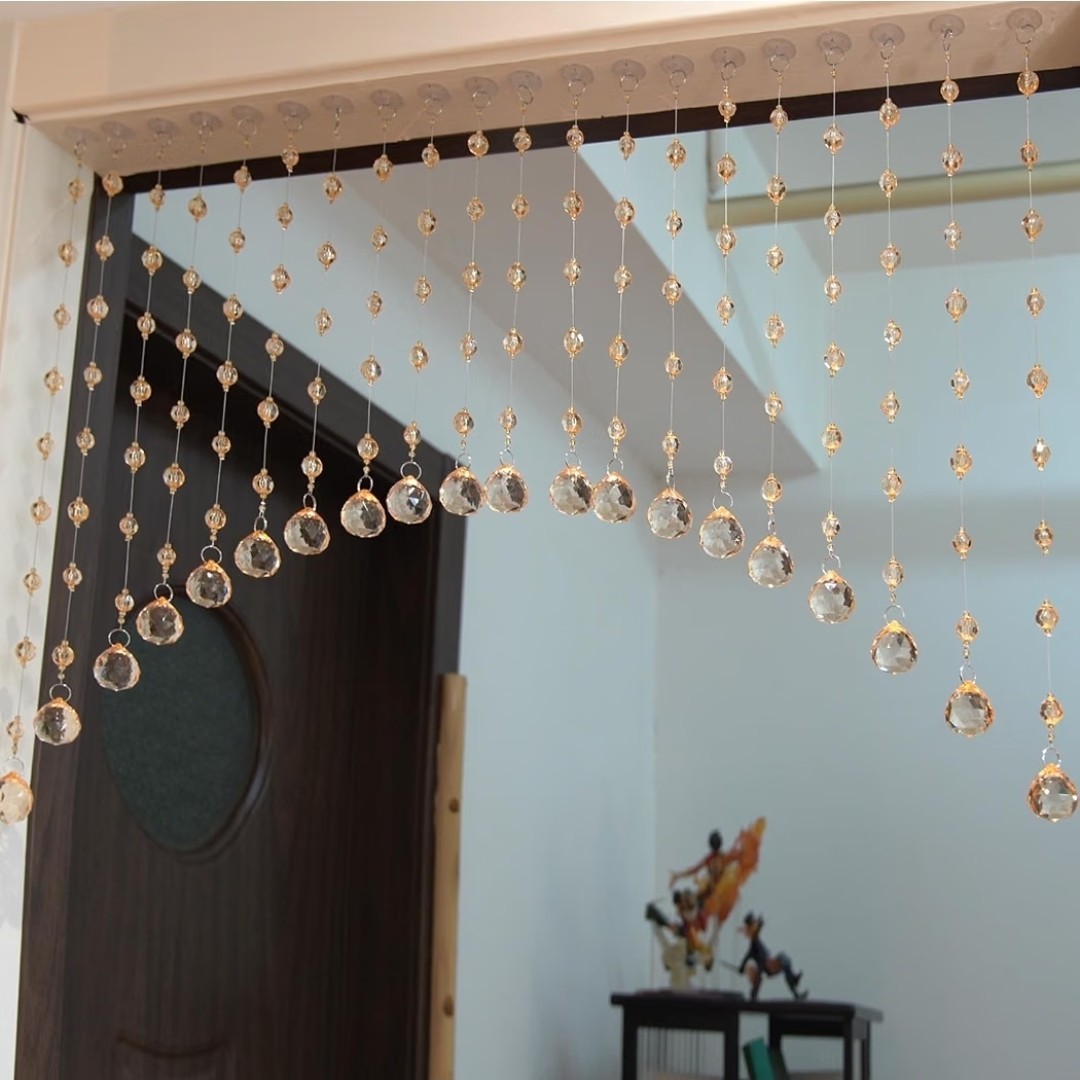 20-String Crystal Beaded Arched Door Curtain Gold/Clear w/ Adhesive Strap