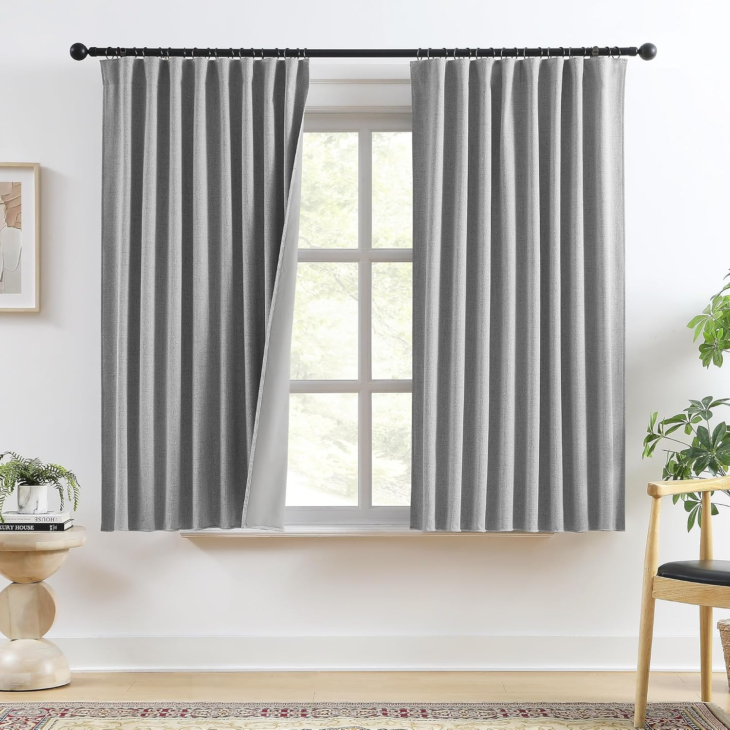 Grey Linen Blackout Curtains, 100% Light Blocking Textured, Thermal Back Tab Rod
