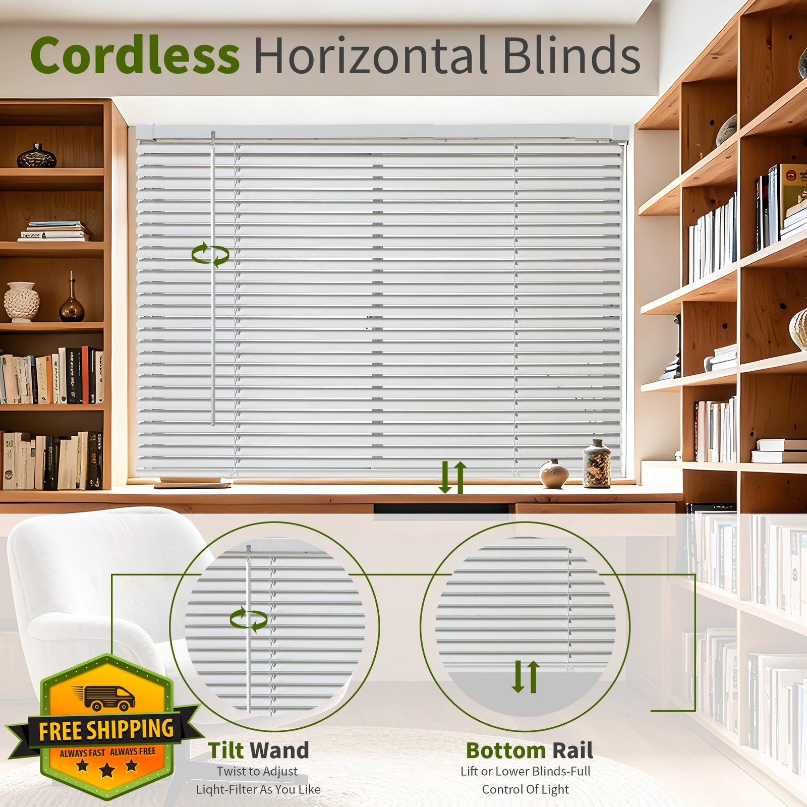 AURILOFT 1″ Cordless Mini Blinds 20.5″W x 48″H White