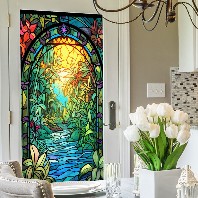 Static Cling Stained Tropical Plant Flower Sunrise PVC Window Glass Sticker