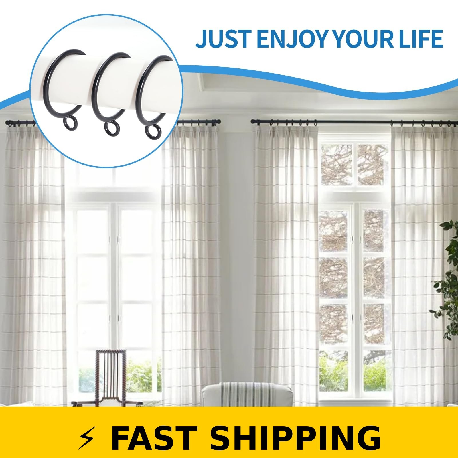 AMZSEVEN 44 Pack Curtain Rings Metal Drapery Ring 1.5 Inch Black
