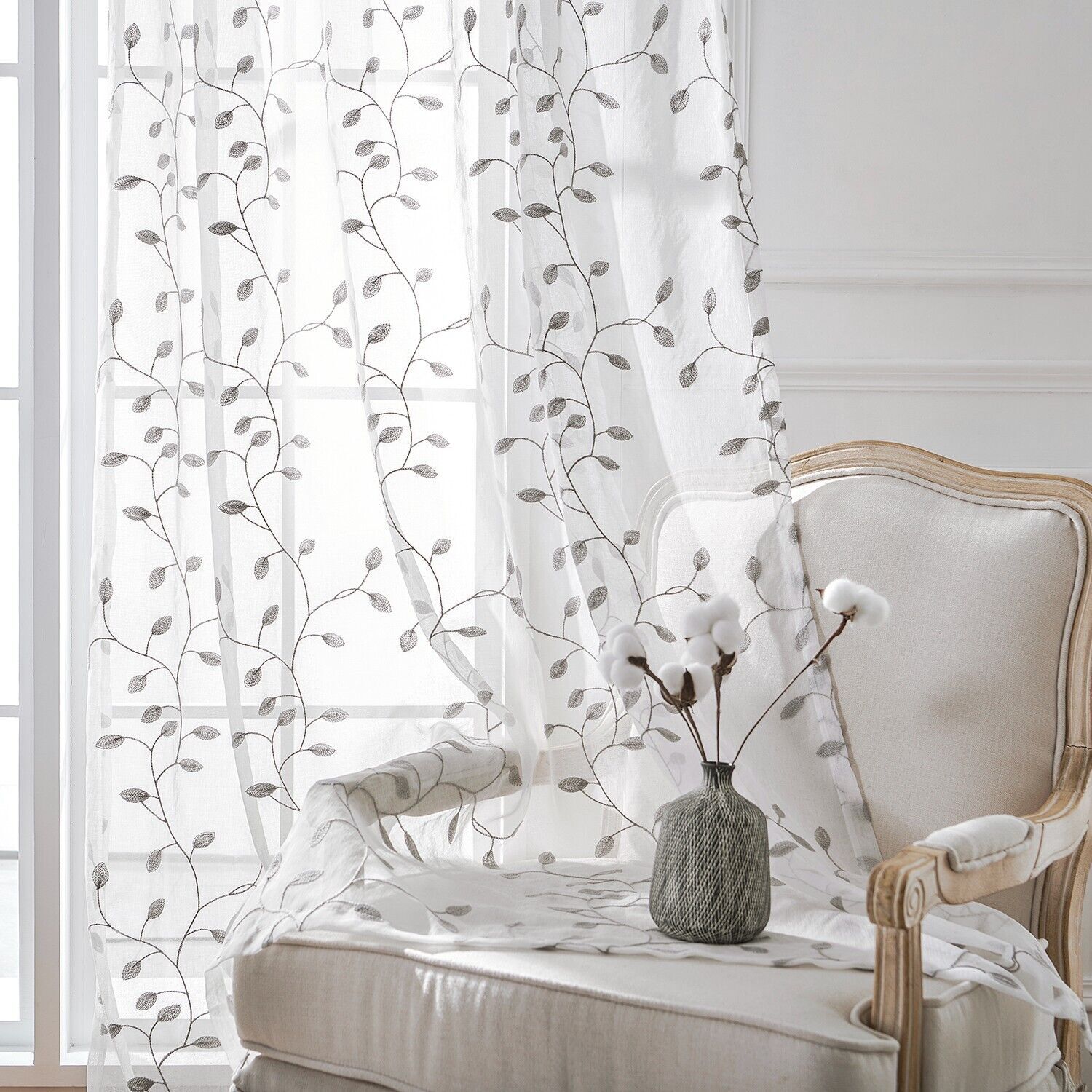 2 Panels Embroidered Leaves Semi Sheer Voile Window Curtains Drapes Living Room